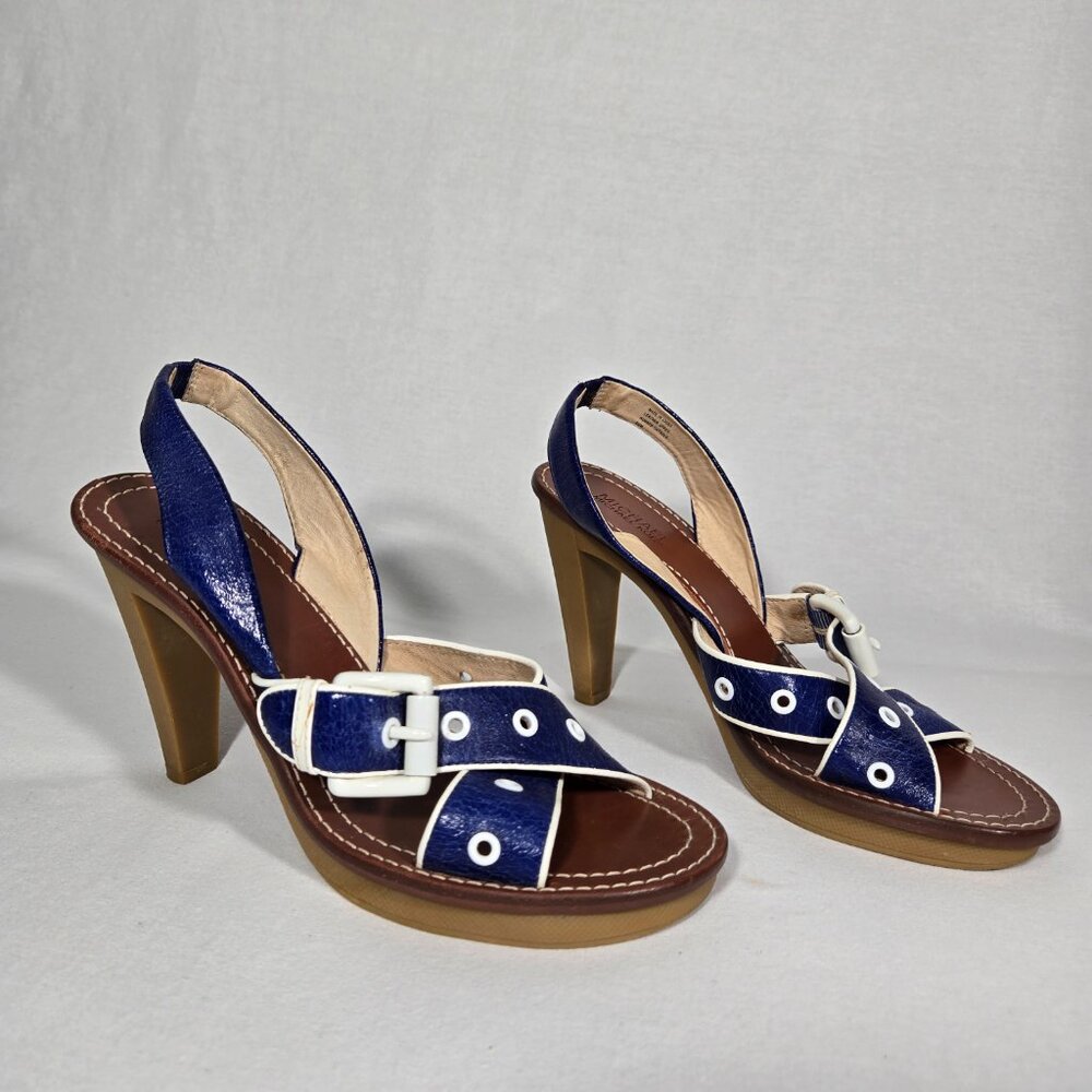 MICHAEL KORS Nautical Blue LEATHER Straps White Trim Slingback Heel Sandals 8.5M